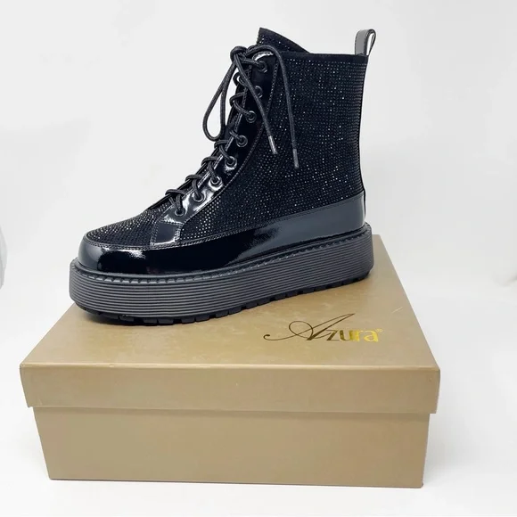 NWT Azura Livewire Patent Black Rhinestone Platform Bootie Combat Moto Size 9 - Picture 10 of 15